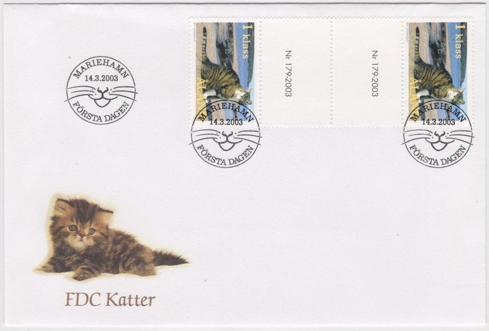 Aland FDC 2003 Pets Cat, Gutter Pair Mint