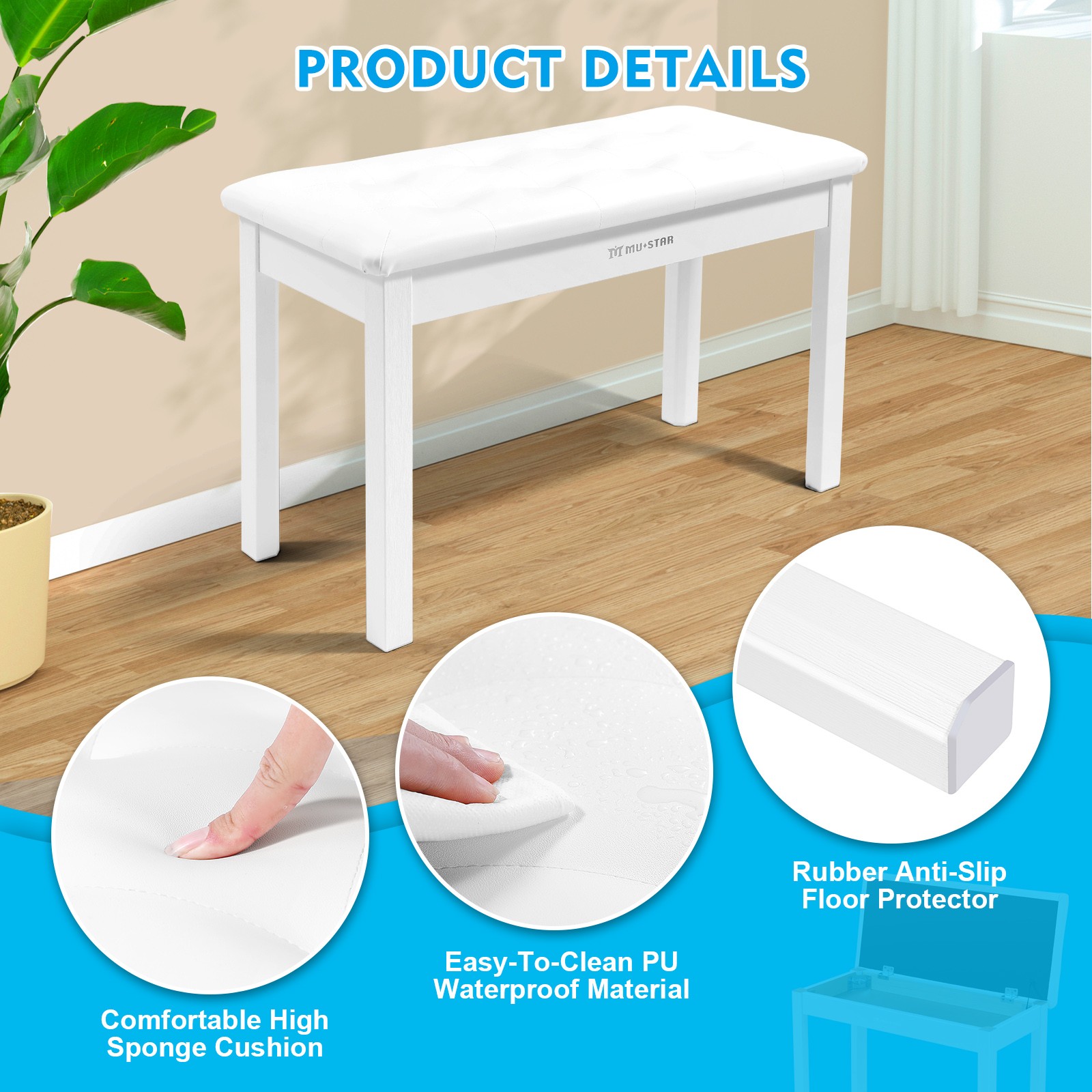 Wooden White Duet Piano Keyboards Bench Vanity Stool with Storage,Padded Cushion