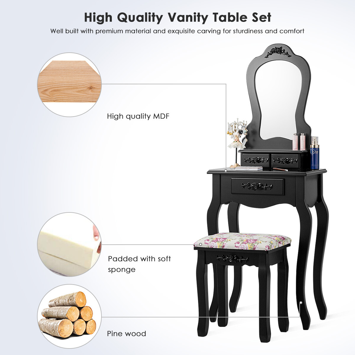 Vanity Wood Makeup Dressing Table Stool Set Jewelry Desk Drawer Mirror Black