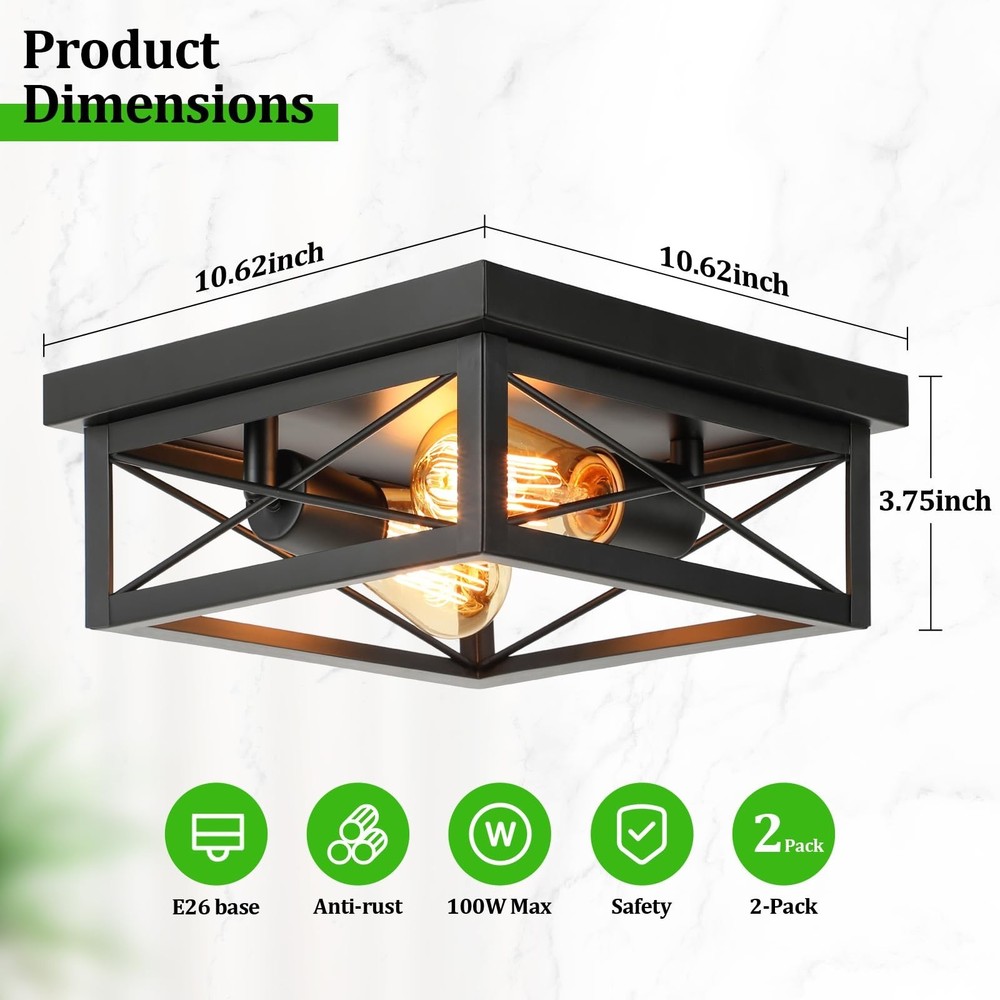 2-Light Industrial Square Flush Mount Ceiling Light, Farmhouse Ceiling Light ...