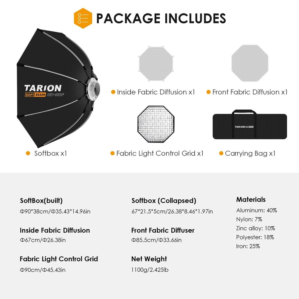 TARION Foldable Octagonal Softbox 35.4in(90cm): Quick 1-Step Setup Bowens Mou...