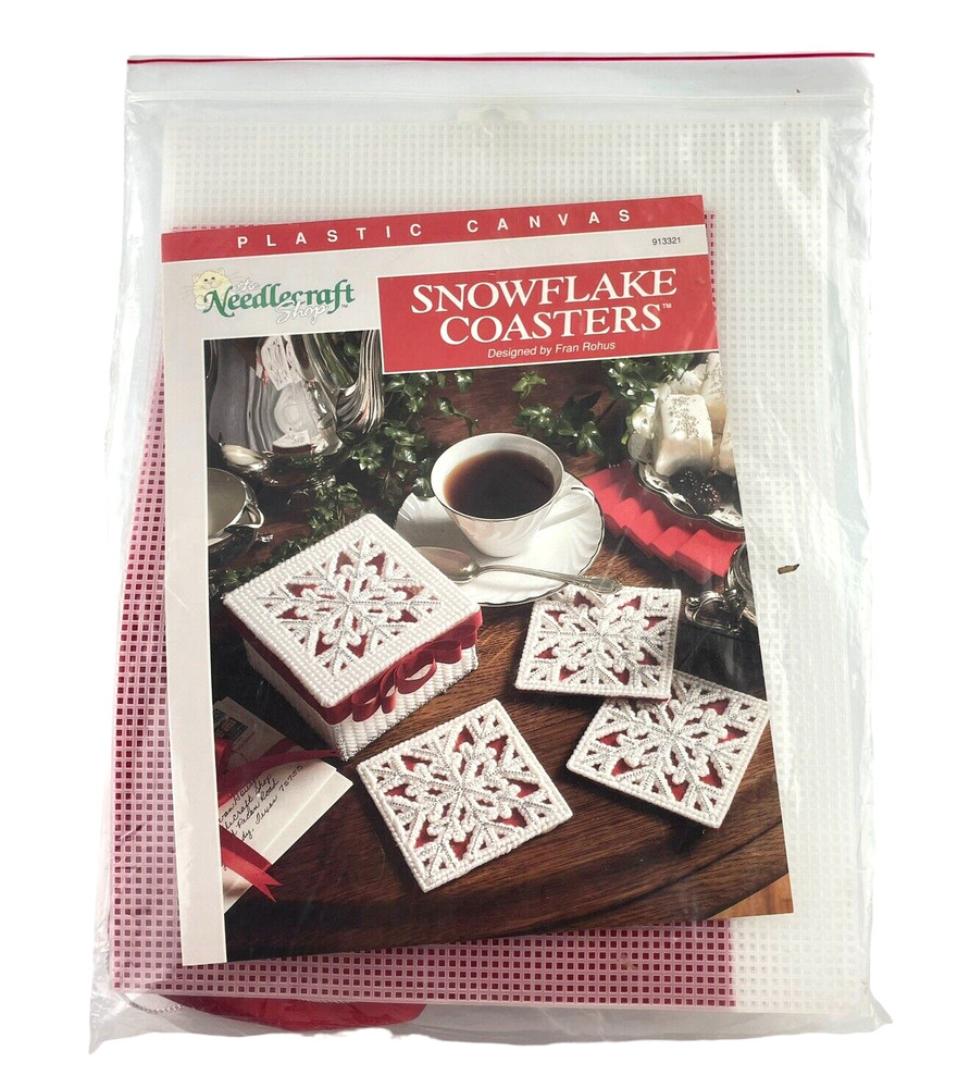 Needlecraft Kit Plastic Canvas Snowflake Coasters and Storage Box White Red