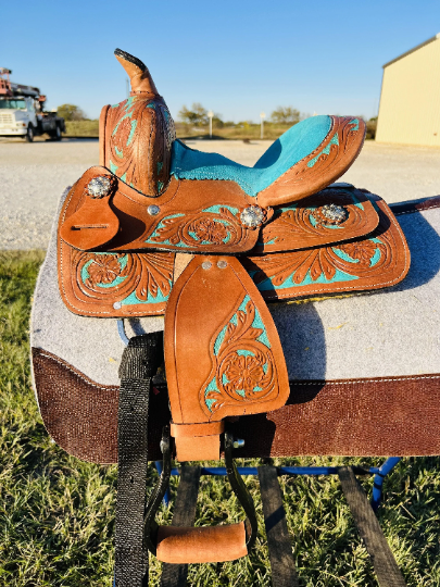 Youth Western Barrel Saddle | Floral Tooled | 8 " -Pink/Purple/Turquoise/Brown