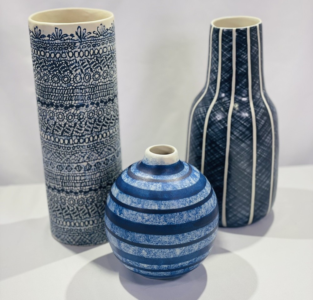 3 Vase Decor Made In Thiland Blue Pattern