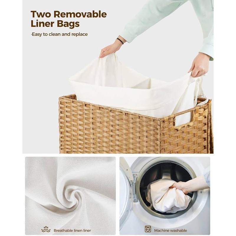 Handwoven Laundry Hamper Rolling Baskets W/ Removable Liner Moisture Resistant