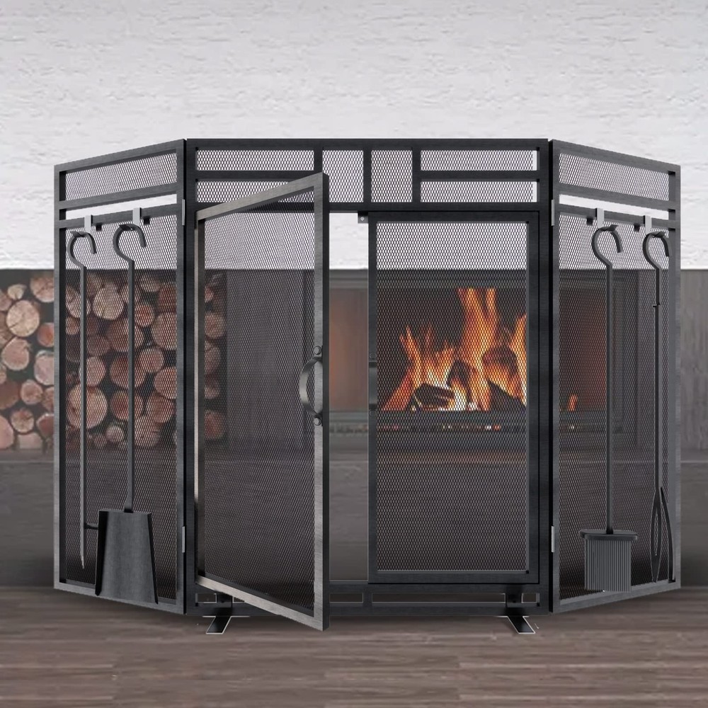 Fireplace Screen with Doors and Tools Set,3 Panel Foldable Metal Fireplace Gu...