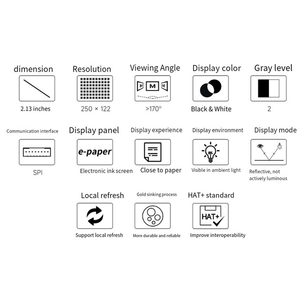 2.13 Inch Display Module HAT+ 250x122 E- Screen for Series Mainboard2580