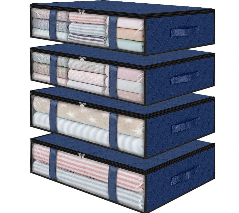 4 PCS Blue 40L Foldable Fabric Under Bed Storage Bins Transparent Window