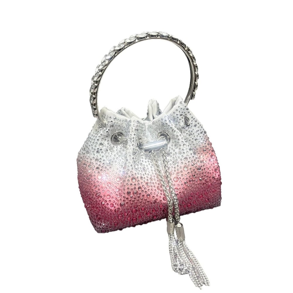 crystal handle evening handbag, white satin with silver tassels, women's draw...