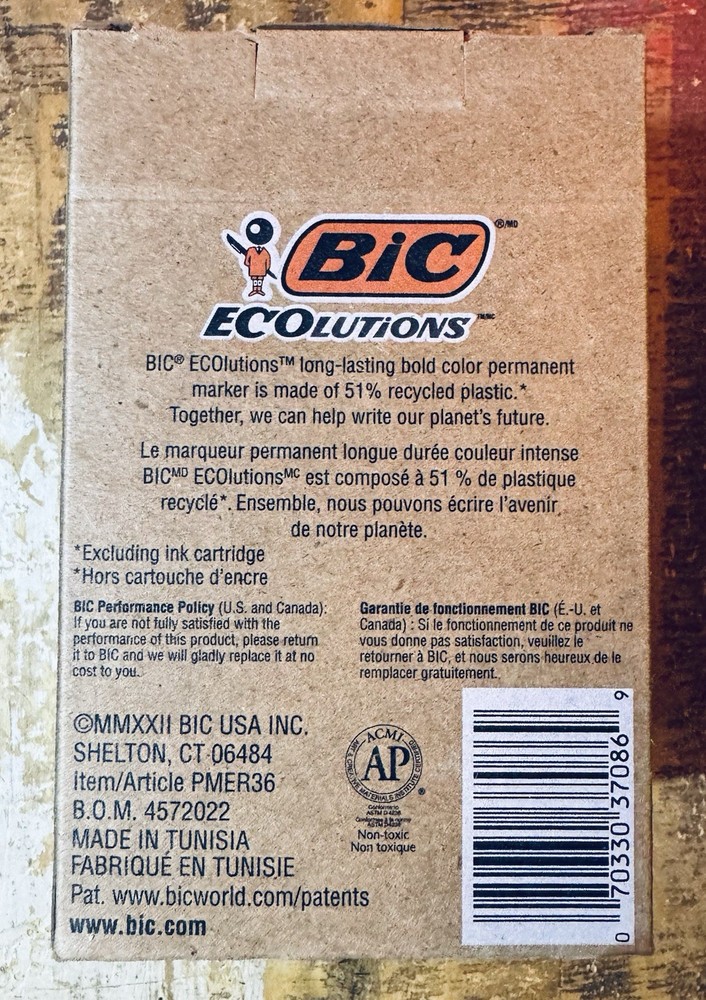 BIC Ecolutions Permanent Markers 51% Recycled Plastic, Black, 36-Count NEW