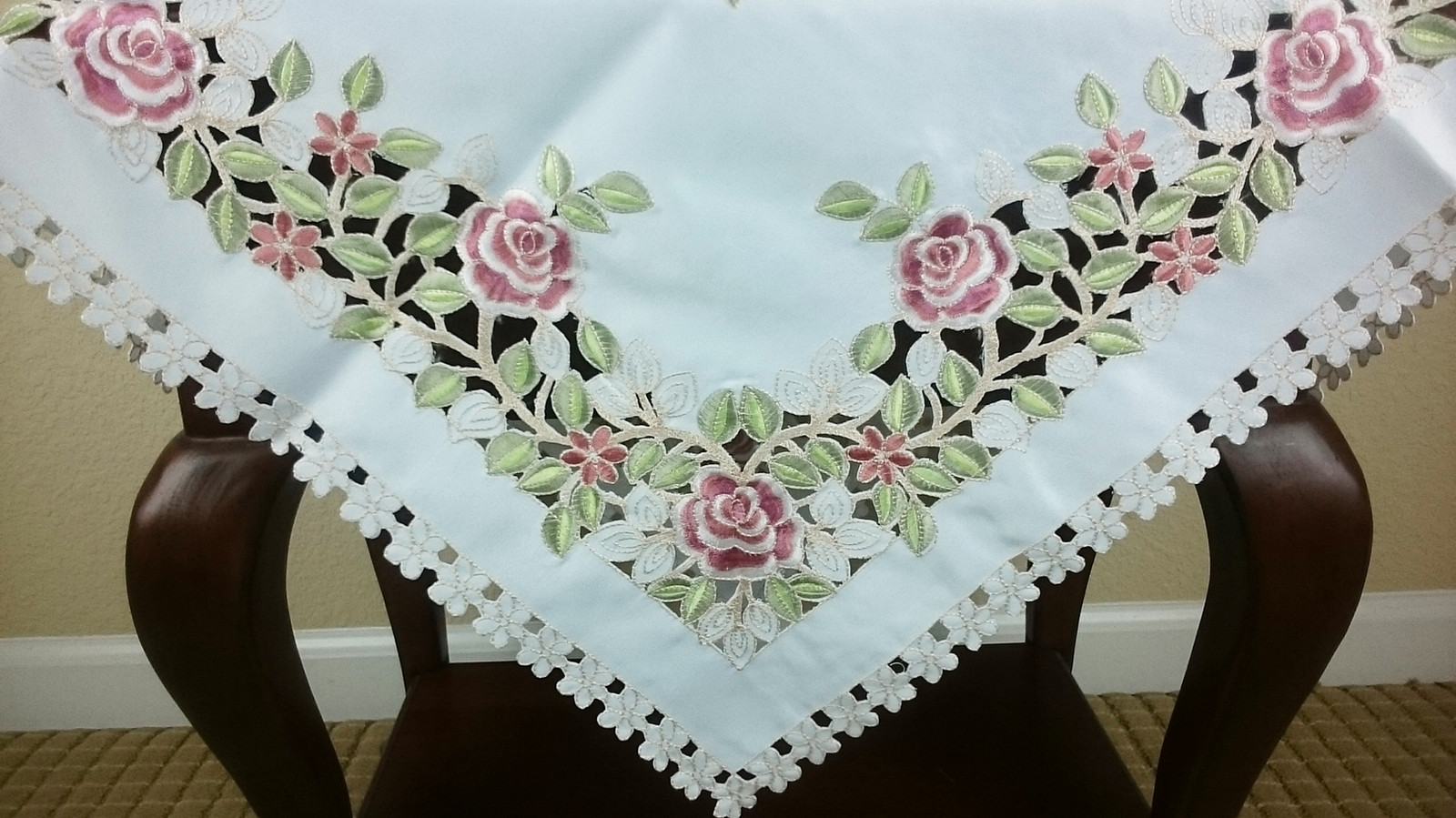Ivory Cream Embroidered Rose Cutwork 33" Square Polyester Tablecloth Table Cover