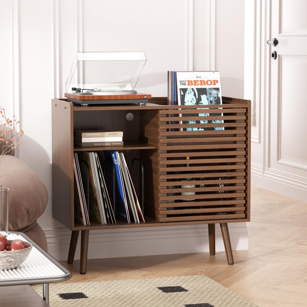 Medieval modern record player stand, featuring a socket and sliding door design.