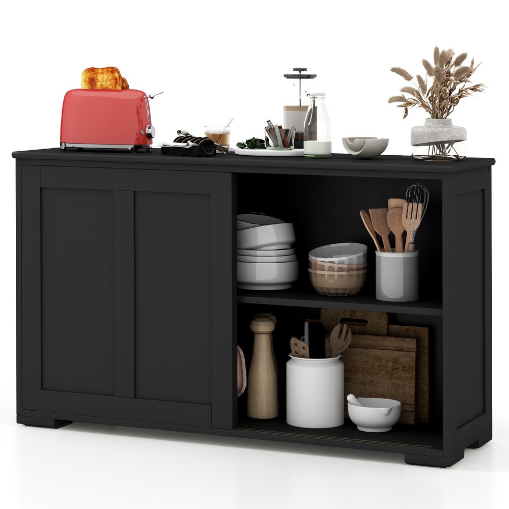 Stackable Buffet Sideboard Set of 2 w/ Sliding Doors & Adjustable Shelf Black