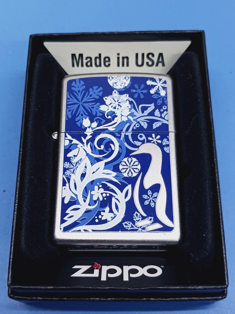 Zippo Penguin Floral Satin Chrome 24762