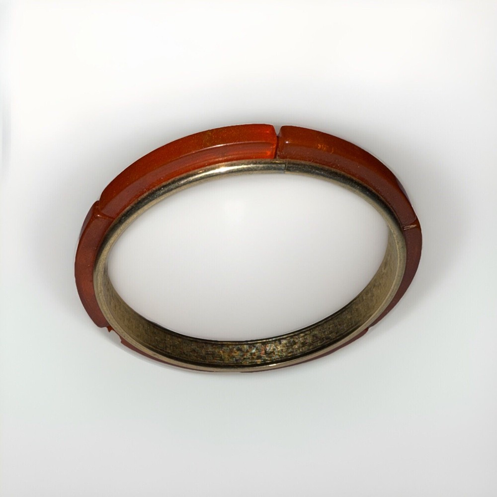 Vintage Gold Tone With Orange Bakelite Inserts Bangle Bracelet