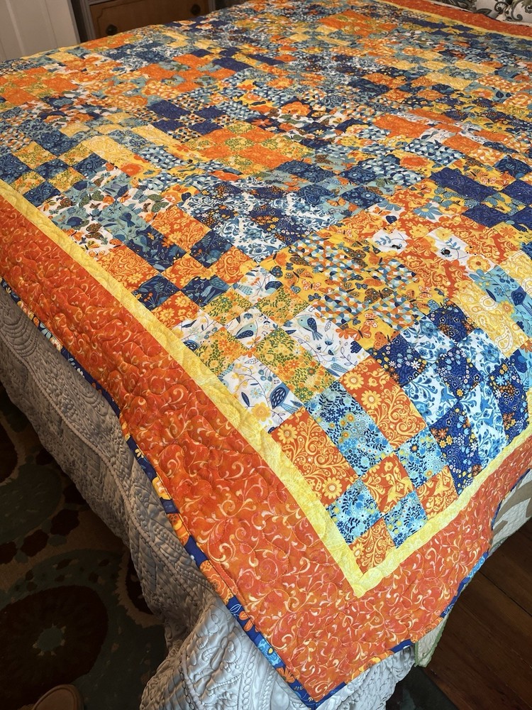 Handmade Quilt Patchwork Cotton Twin Blue & Orange Vibrant Bedspread