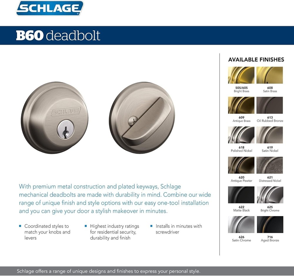 B60N625 Deadbolt, Keyed 1 Side, Bright Chrome