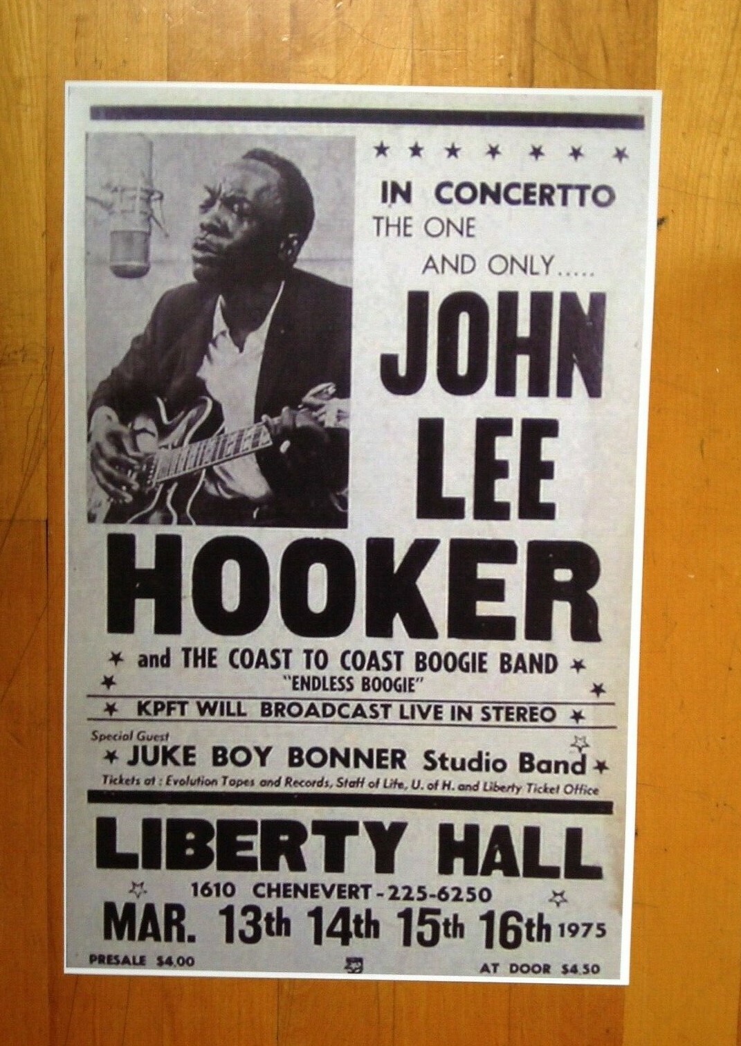 John Lee Hooker at The Liberty Hall Theatre Concert Poster 1975 11 X 17