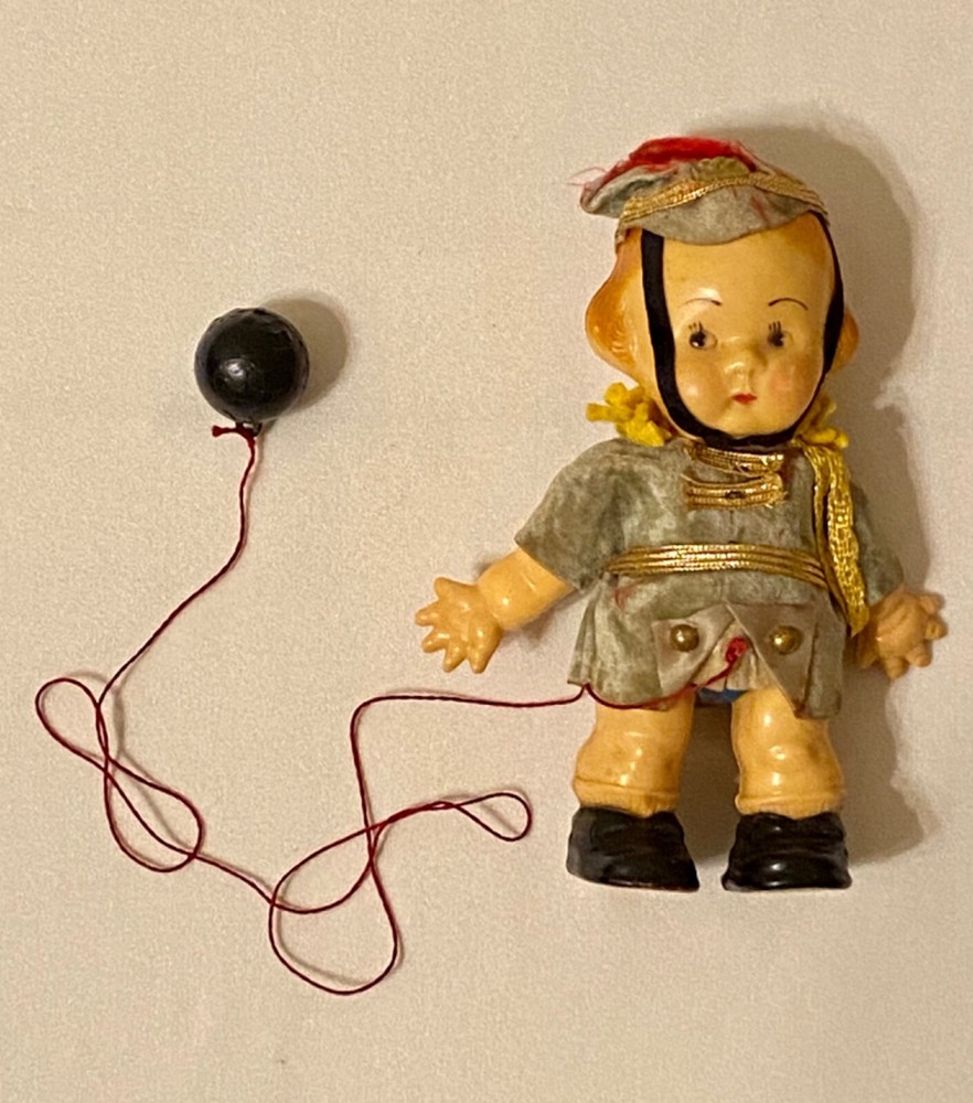 Vintage 50's PULL TOY Walking Doll Hard Plastic-Attached String+Ball-USA-Rare