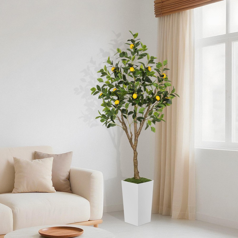 6FT Artificial Lemon Tree with Pot, Fake Lemon Tree with White Tall Planter, ...