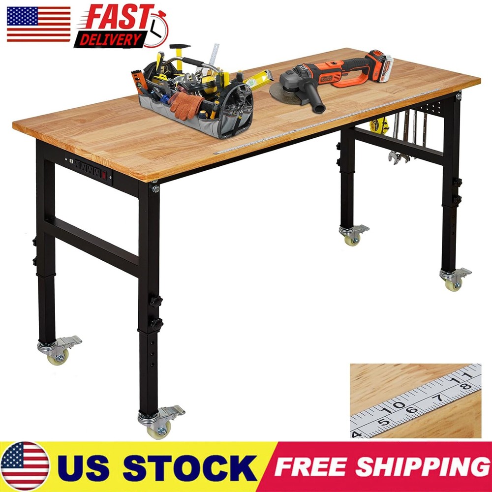 Height Adjustable Workbench with Wheels & Pegboard 48" x 24" Power Outlets Black
