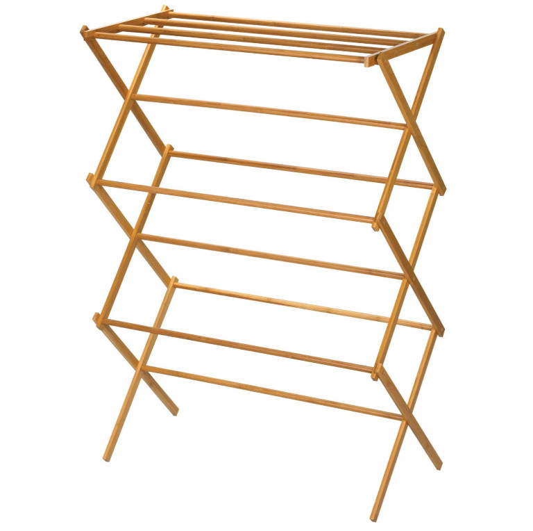 Bamboo Folding Clothes Drying Rack with 11 Dowels & Flat Shelf