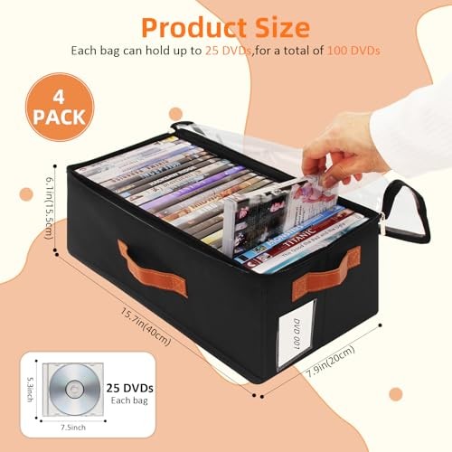 4 Pack DVD Storage Box, Stackable Oxford Fabric DVD Cases Holder with Front