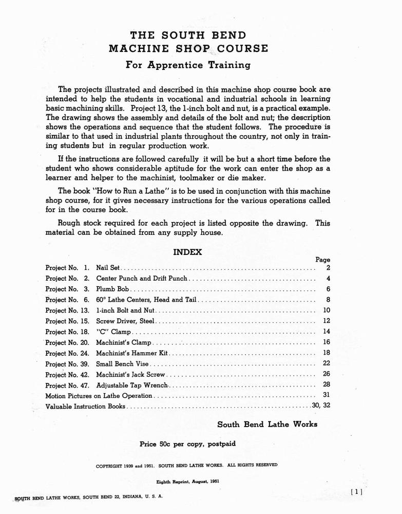 South Bend Machine Shop Course Training Instruction Manual #914