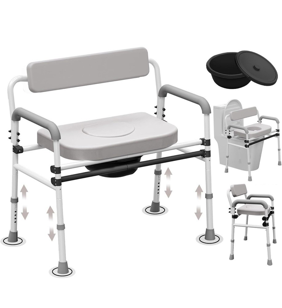 Adjustable Medical Bedside Commode Chair with Padded Backrest, Arm Support