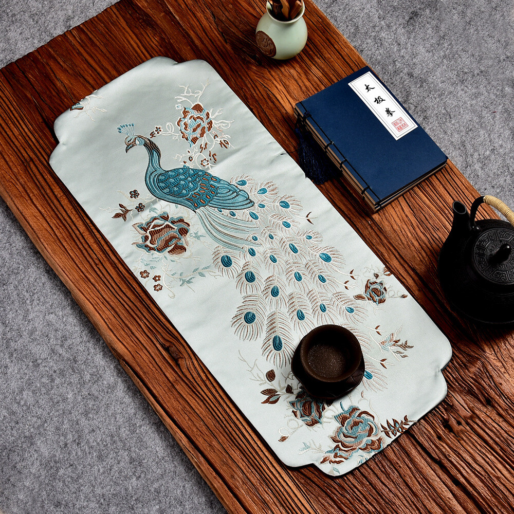 Peacock Embroidered Tablecloth Table Runner Tea Ceremony Cup Coffee Mat Pad