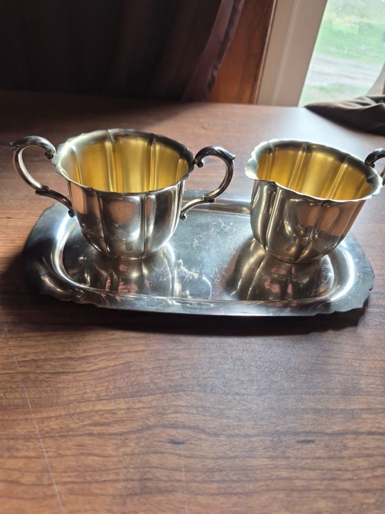 Wm Rogers Silver-Plated Creamer and Sugar Bowl Set with Tray