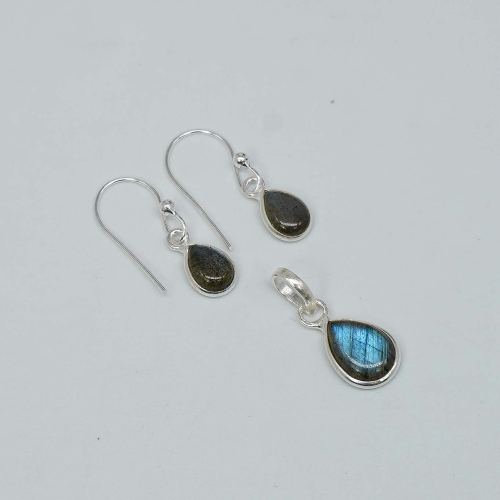 925 Solid Sterling Silver Labradorite Hook Earring Pendant Set
