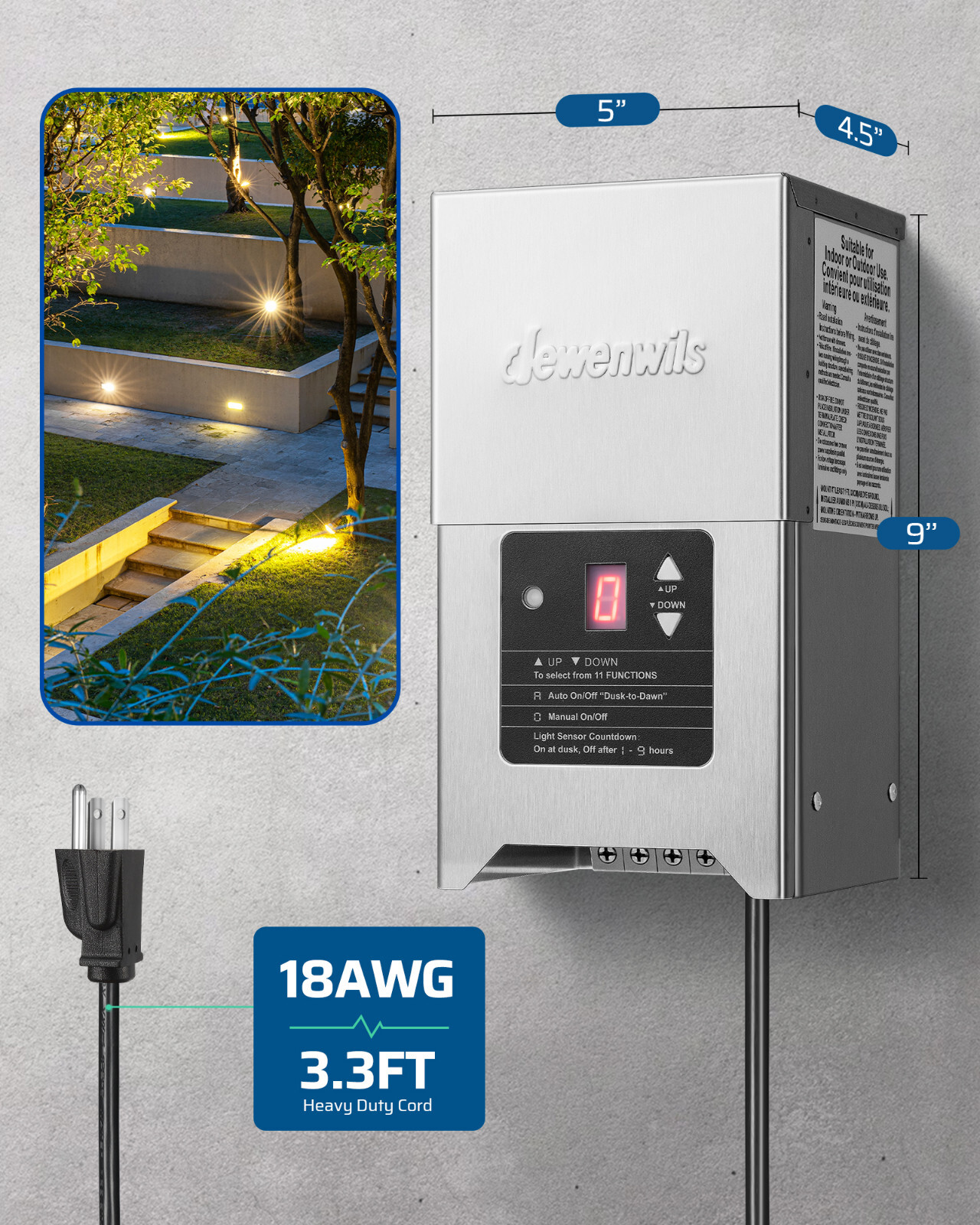 DEWENWILS 300W Low Voltage Landscape Transformer with Photocell Sensor & Timer,