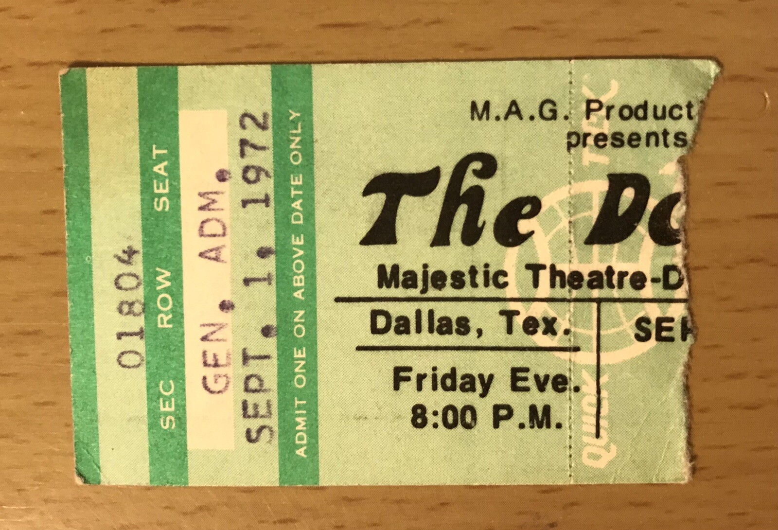 1972 THE DOORS FULL CIRCLE TOUR DALLAS CONCERT TICKET STUB LIGHT MY FIRE 1804