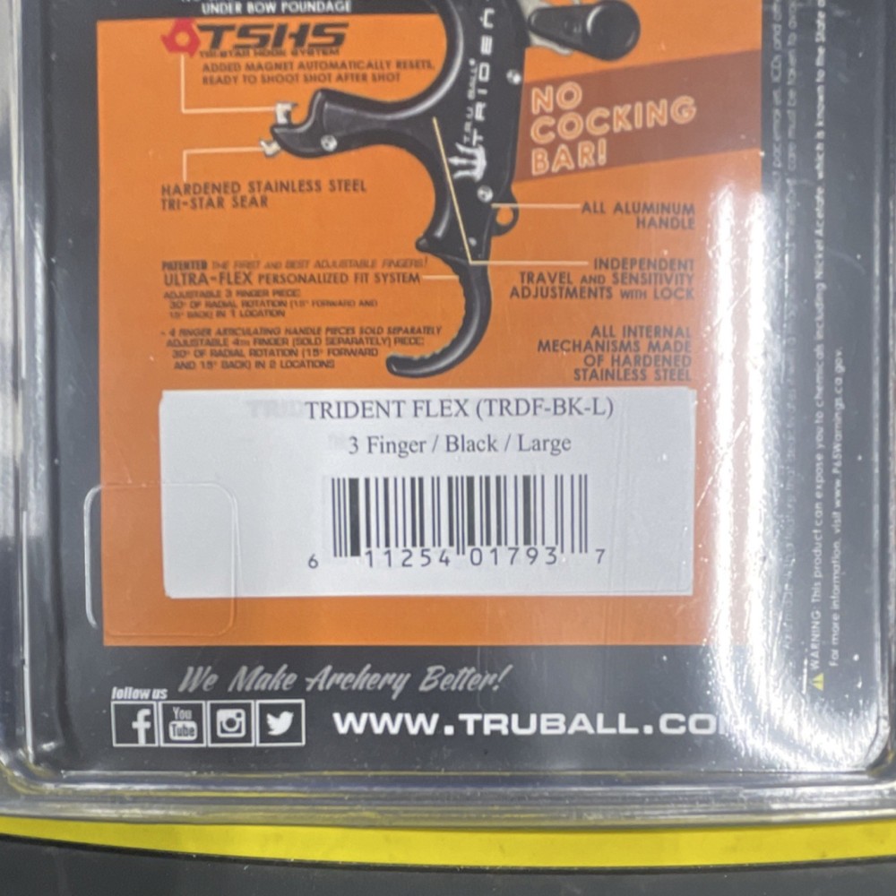 T.R.U. Ball Trident Flex Thumb Trigger Release Aid 3 Finger Black Large Compound