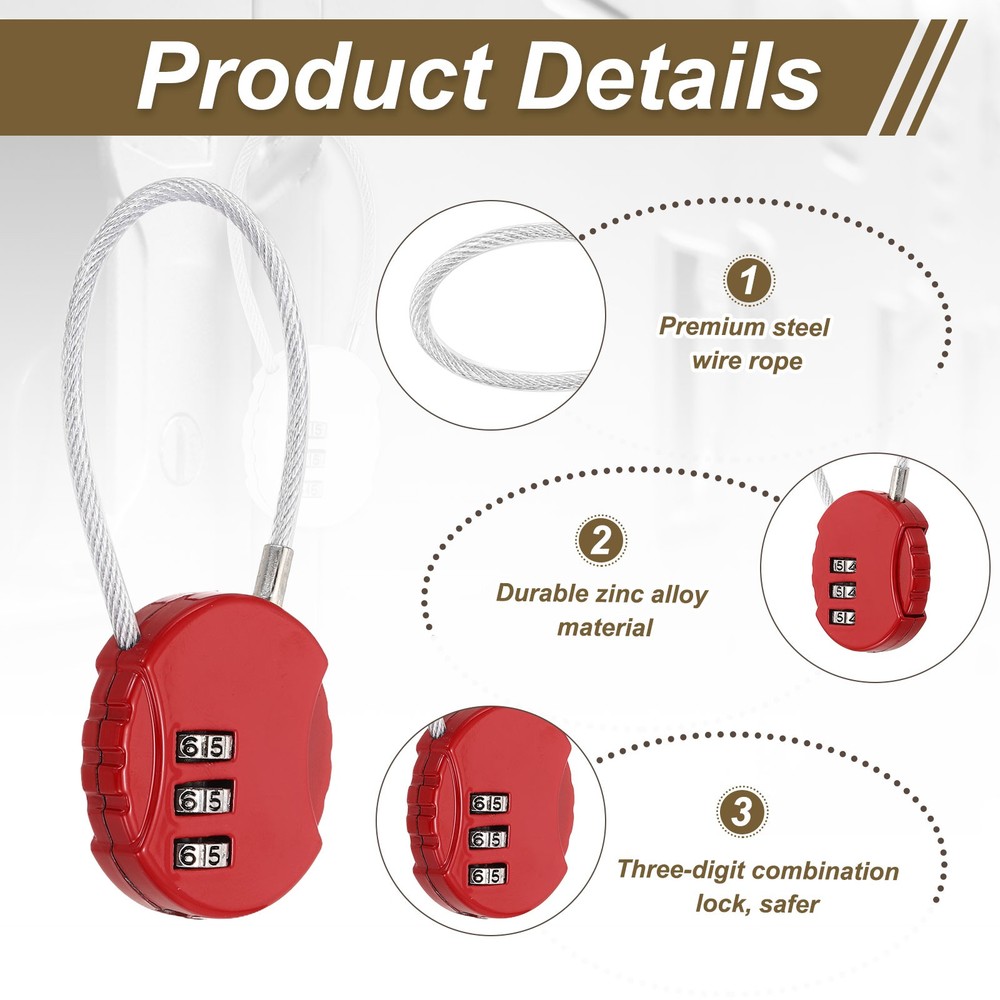 2-Pack Combination Padlock, 3 Digit Round Shaped Cable Luggage Lock [Red]