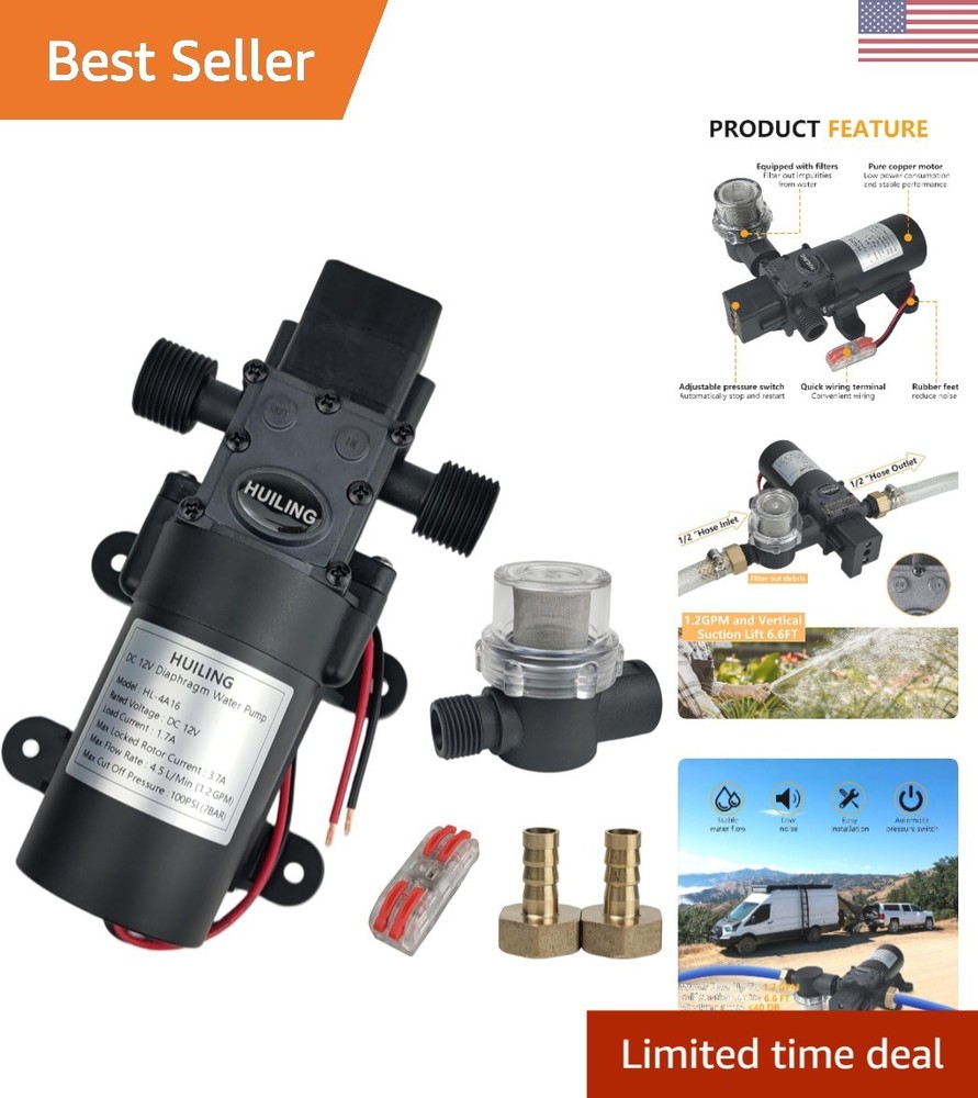 Compact 12V Water Diaphragm Pump with Filter - 1.2 GPM for Camping & Showers