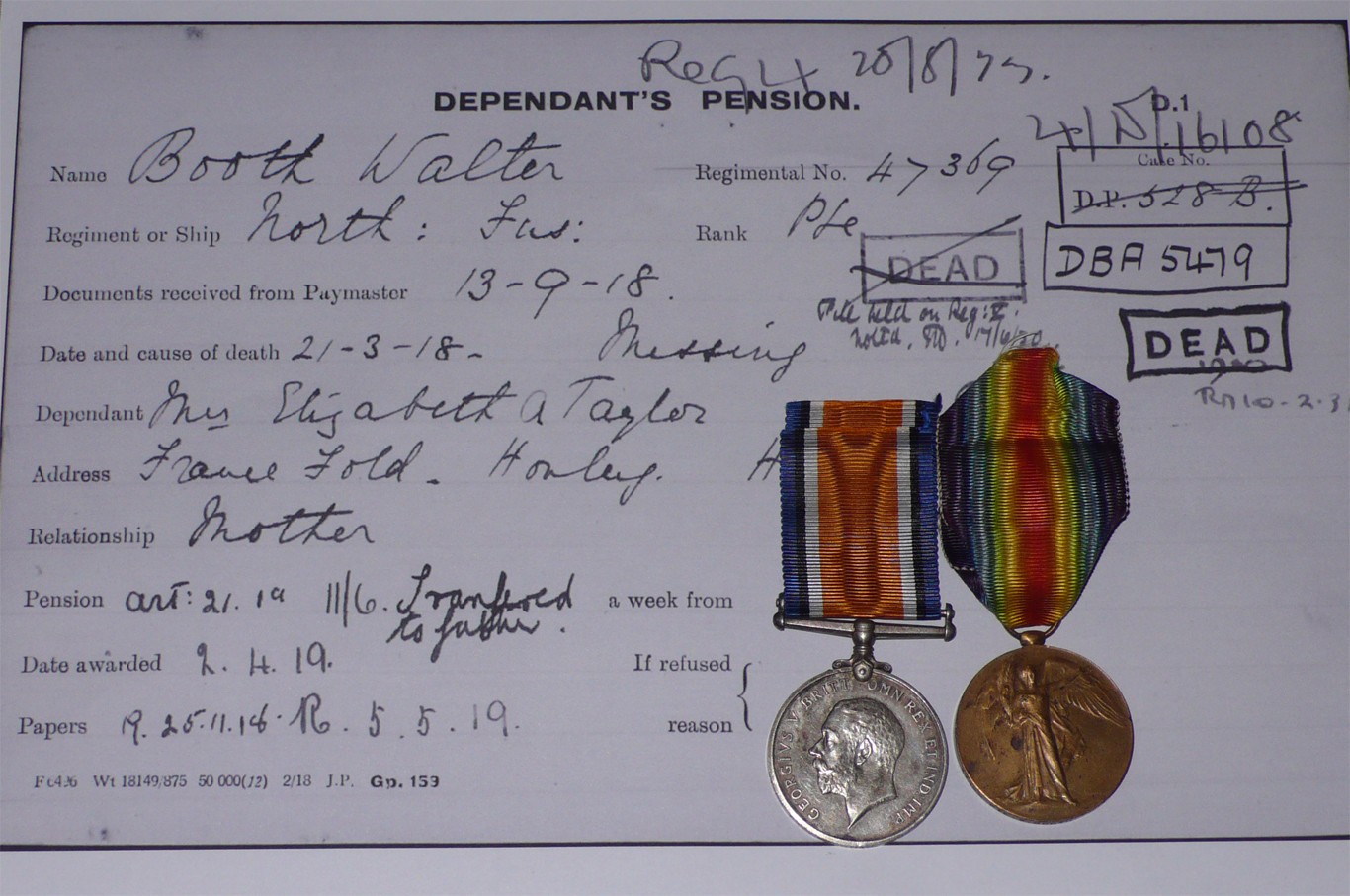 WWI BWM & VM PAIR TO NORTHUMBERLAND FUSILIERS - MISSING PRESUMED DEAD MARCH 1918