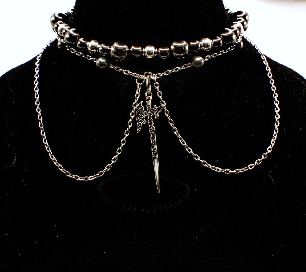 Multi Layer Chain & Beaded Choker w/ Axe Pendent 12.5”