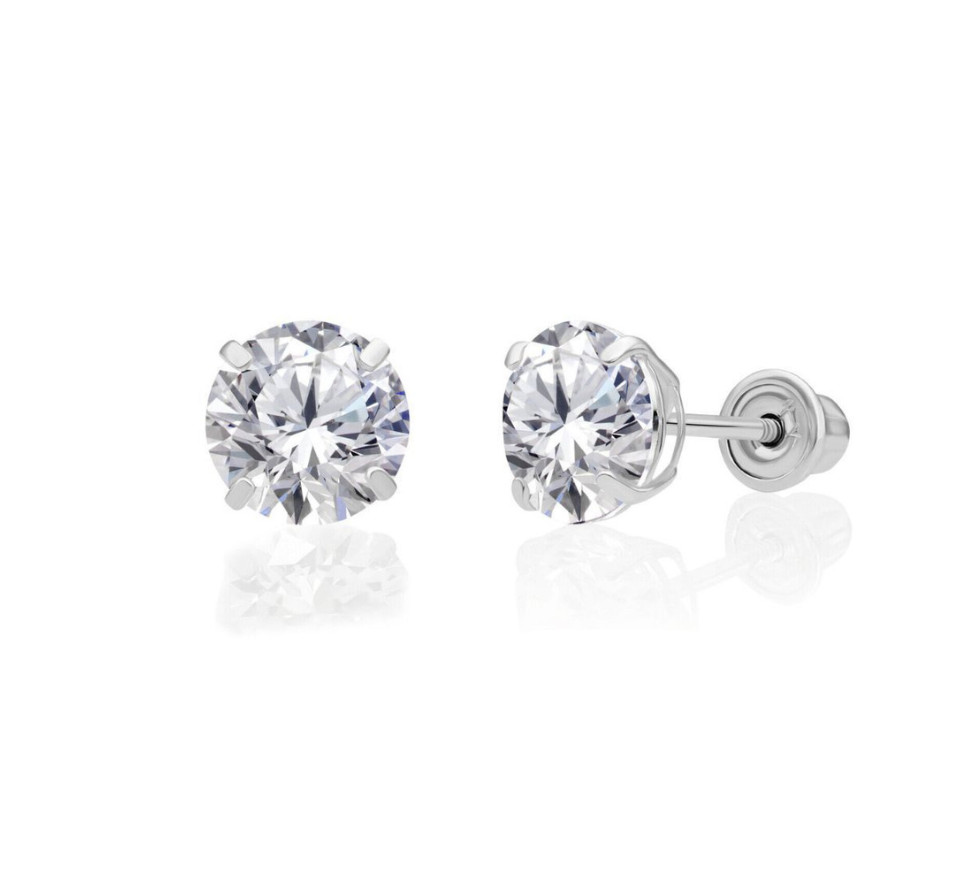 CZ Stud Earring Round cut in 14k Gold Screw back