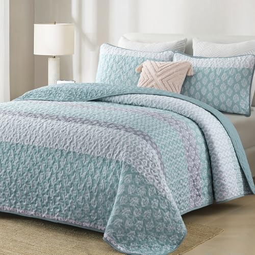 Quilt Set Size Boho Striped Bedspread Lightweight Soft Microfiber King Aqua