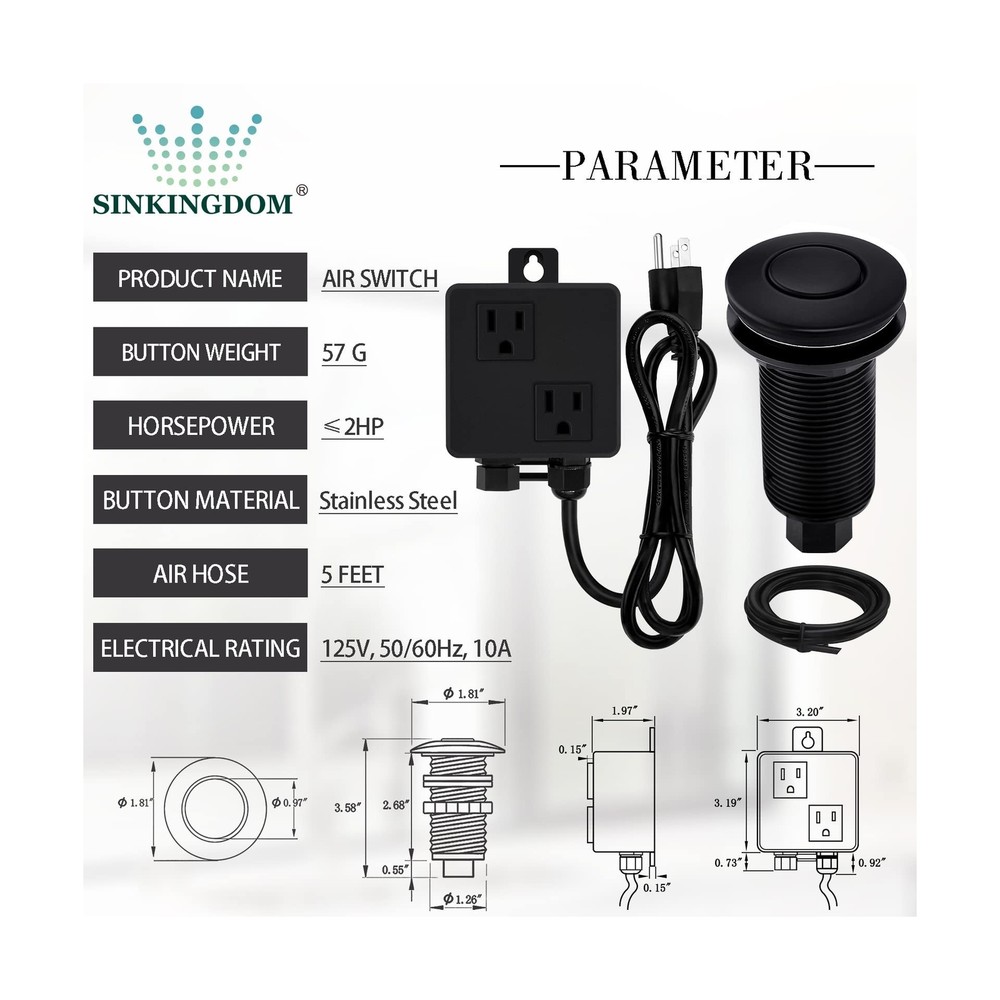 SINKINGDOM Garbage Disposal Air Switch Kit Sink Top with Long Button,Matte Bl...