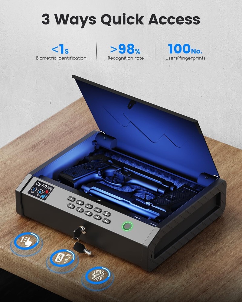 Two-Gun Biometric Safe with Temperature & Humidity LCD - Secure Bedroom Storage