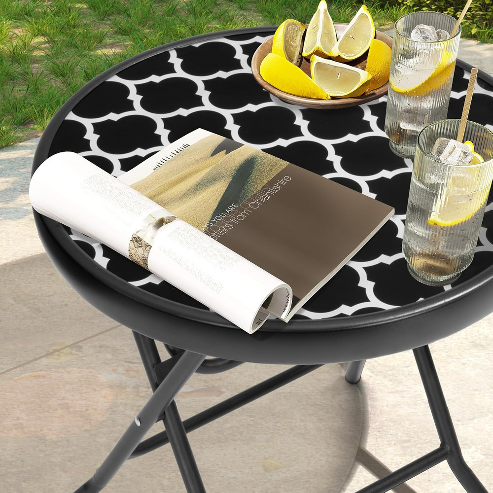 Foldable Patio Side Tables, 17.7" Small End Table Outdoor Weatherproof, round Gl