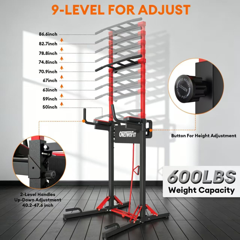 ONETWOFIT Foldable Power Tower Pull up Bar Station, Multi-Function Adjustable He