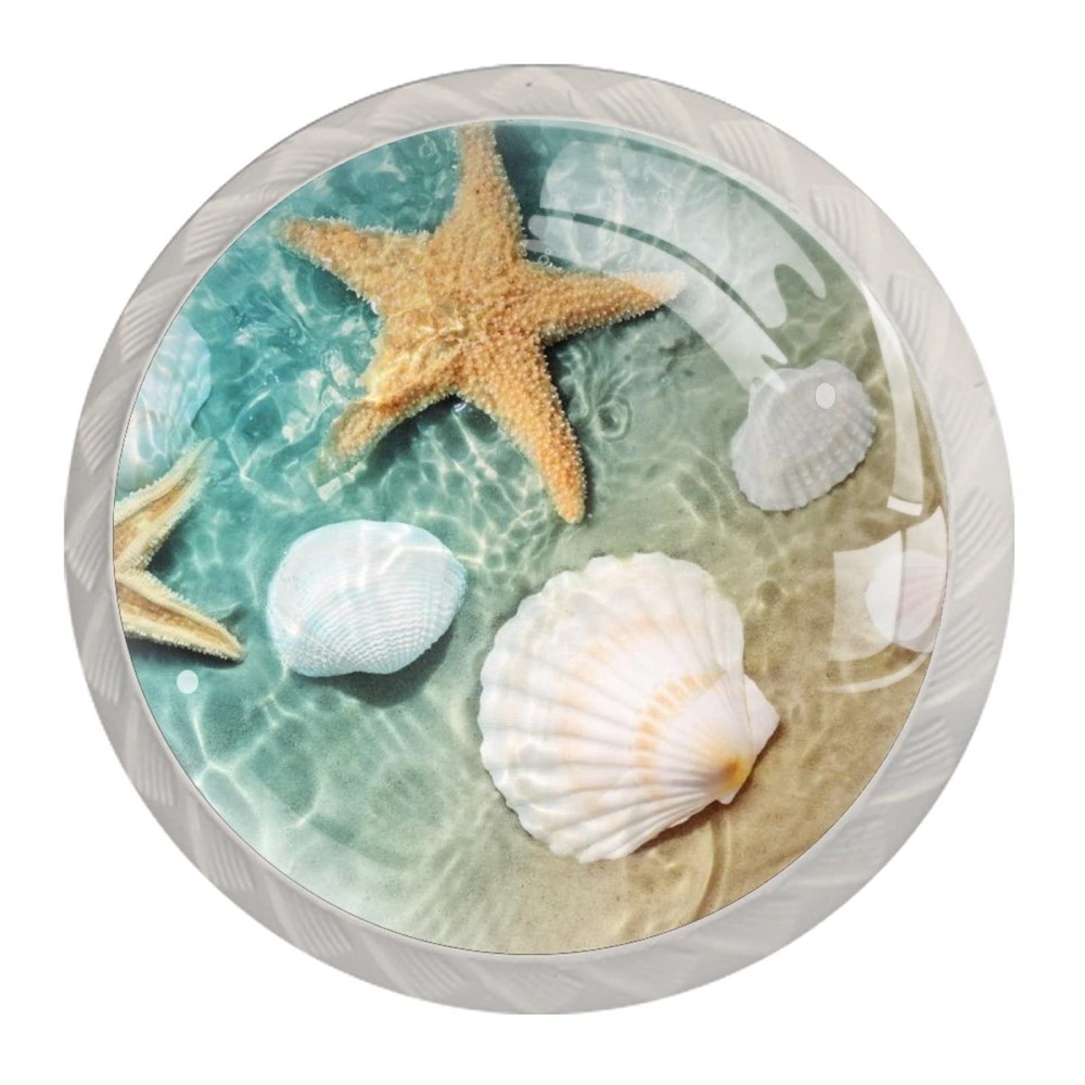 4 Pack Dresser Drawer Cabinet Knobs Beach Starfish Seashell Round Shape Cryst...