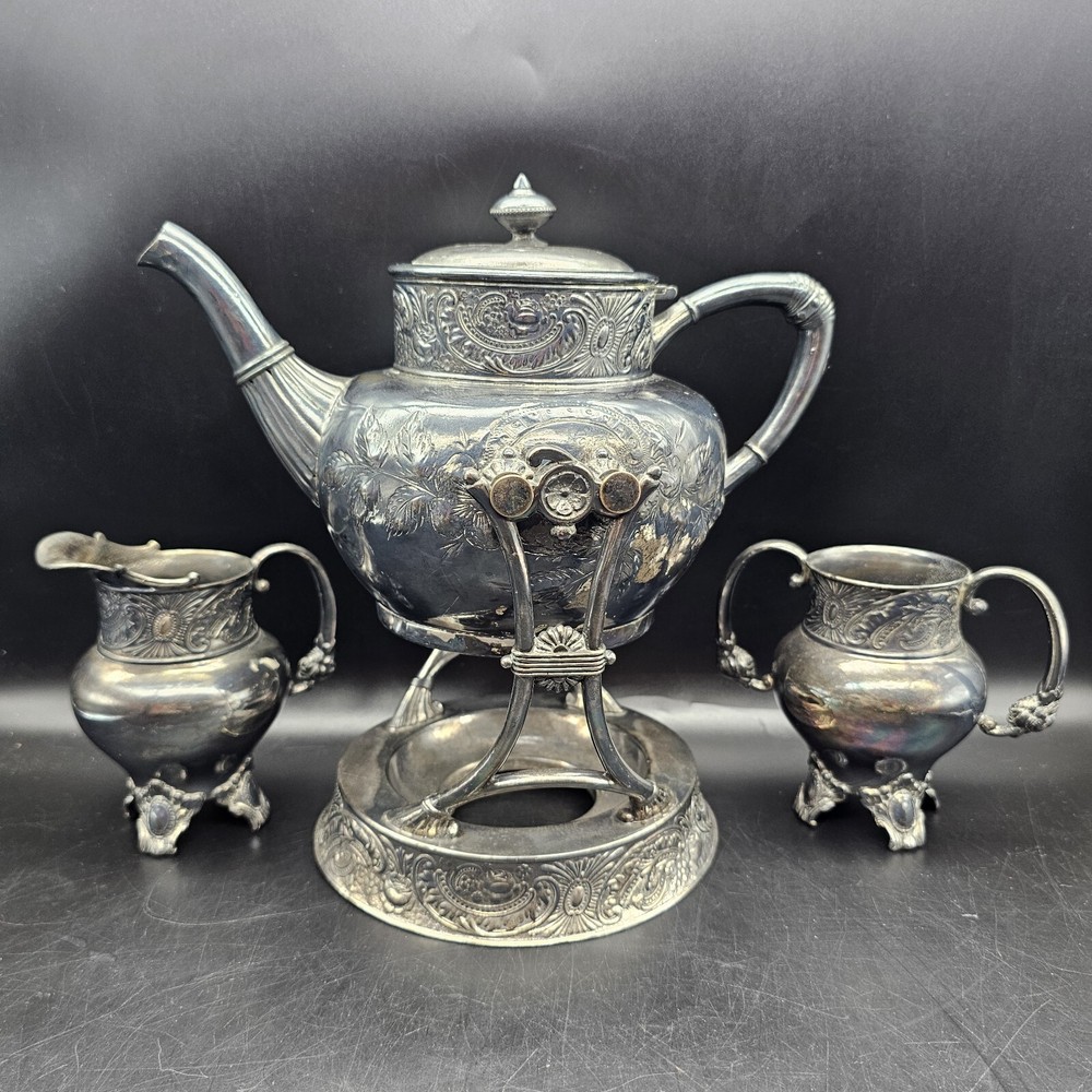 Antique James Tufts Tilting Tea Pot With Burner Creamer Sugar