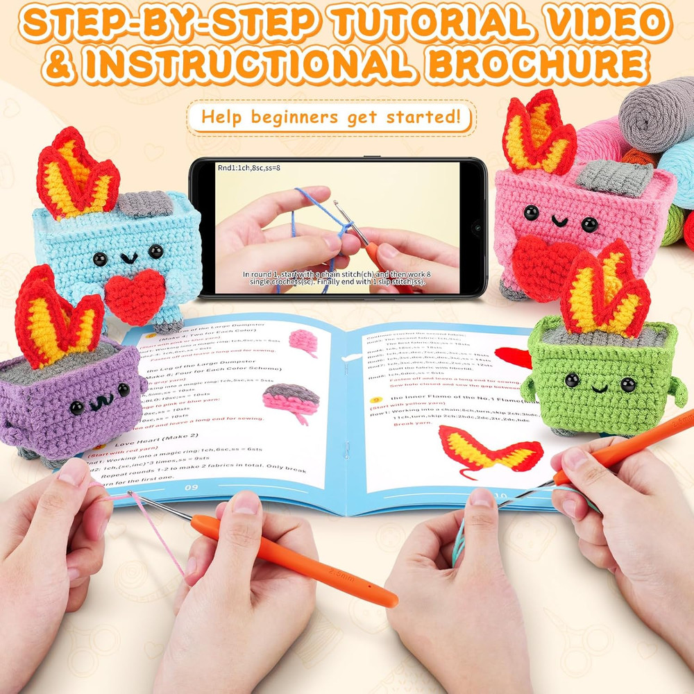 Crochet Kit for Beginners, 4PCS Dumpster Fire Crochet Starter Kit