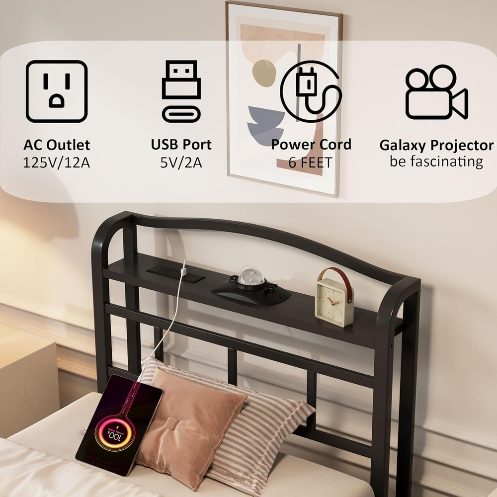 Twin Bed Frame w/ Headboard, 18" Bedframe w/ Galaxy Aurora Projector & Charging