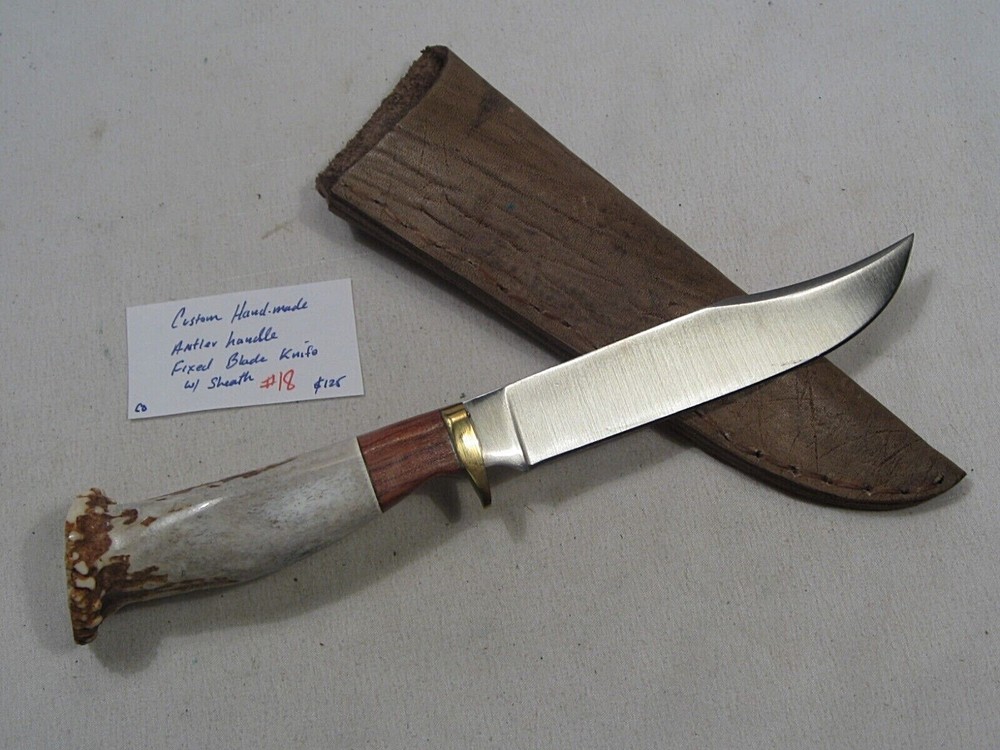 Custom Handmade Antler Handle Fixed Blade Knife w/ Sheath.  #18